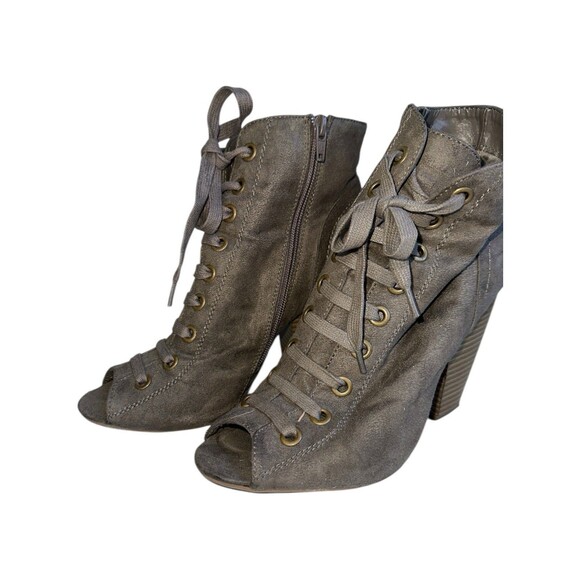 Womens 8 Peep Toe Lace Up Booties Chunky Heel Gray Suede Ankle Boots y2k chugey - Picture 7 of 15
